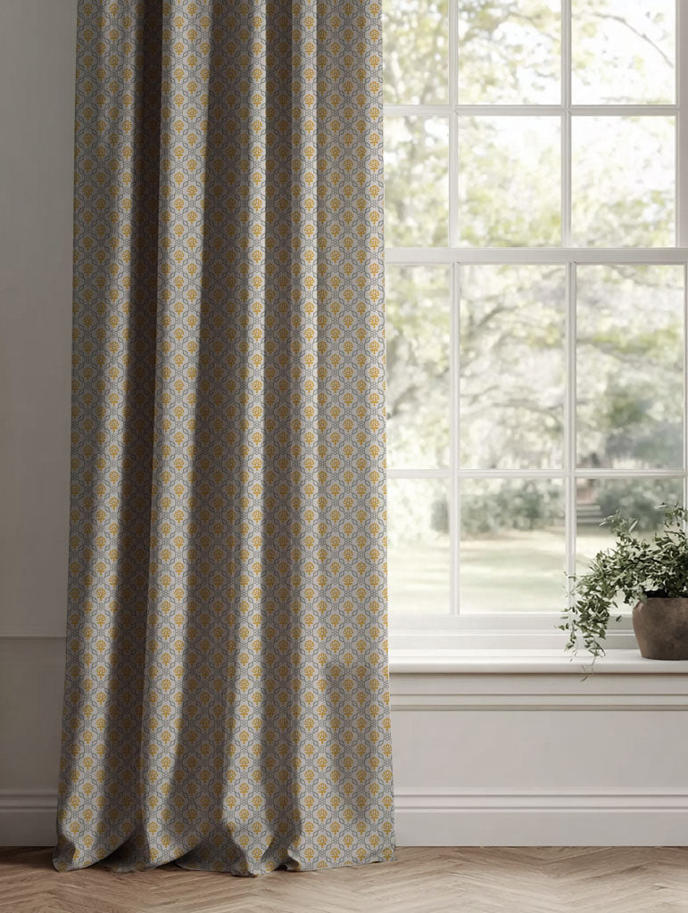Yellow Floral Linen Curtains - Hilla Mustard Greige - Natural base fabric.