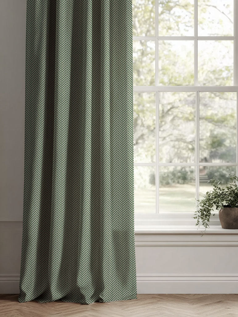 Green Patterned Linen Curtains - Hugo Parrot Green - Natural base fabric.