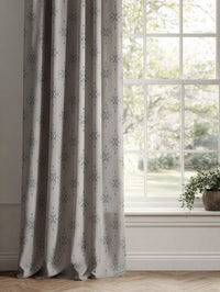 Blue Patterned Linen Curtains - Iiris Denim - Natural base fabric.
