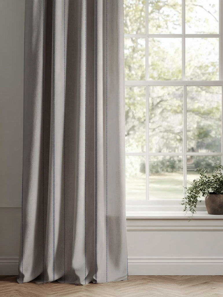 Blue Striped Linen Curtains - Inari Deep Blue  - Natural base fabric.