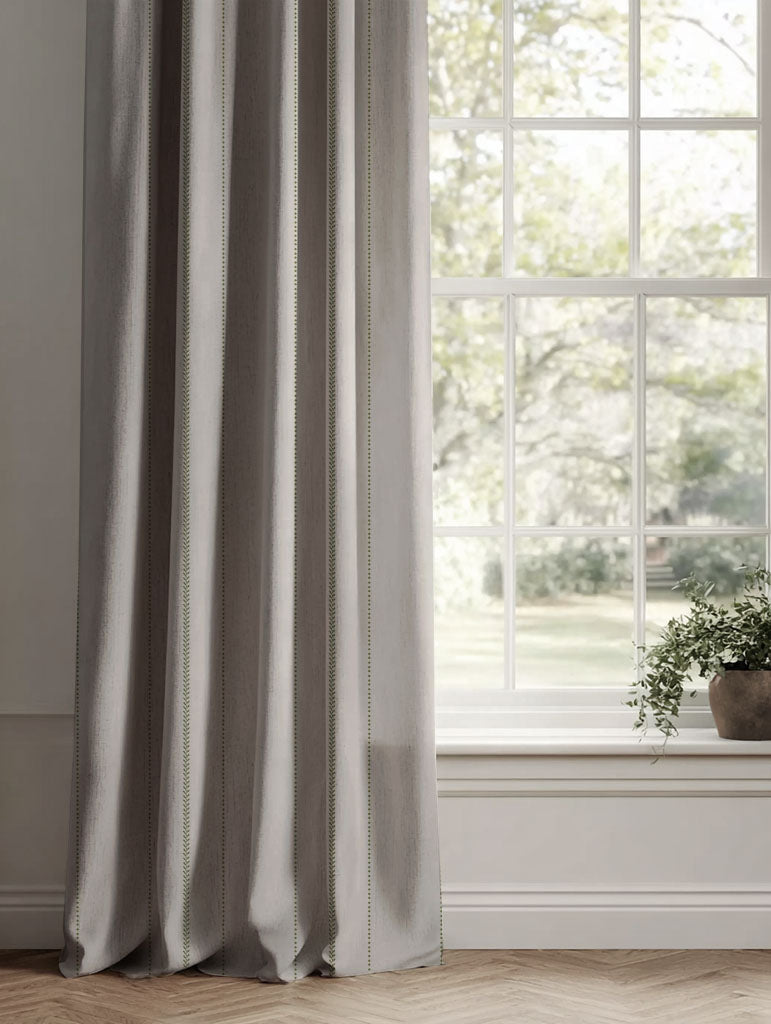 Green Striped Linen Curtains - Inari Khaki - Natural base fabric.