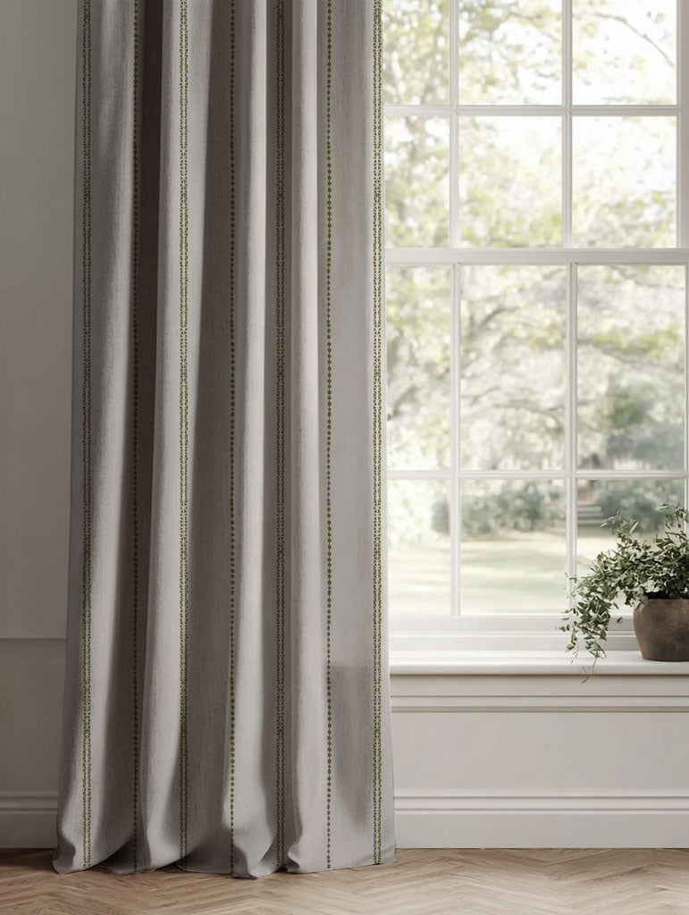 Green Striped Linen Curtains - Inga-NAT Sea Weed - Natural base fabric.
