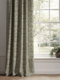 Green Floral Linen Curtains - Jasmi Khaki - Natural base fabric.