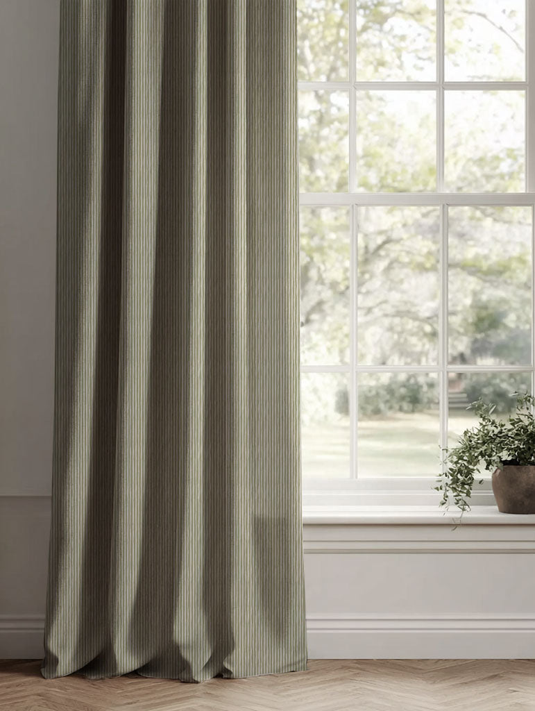 Green Striped Linen Curtains - Laila Olive - Natural base fabric.