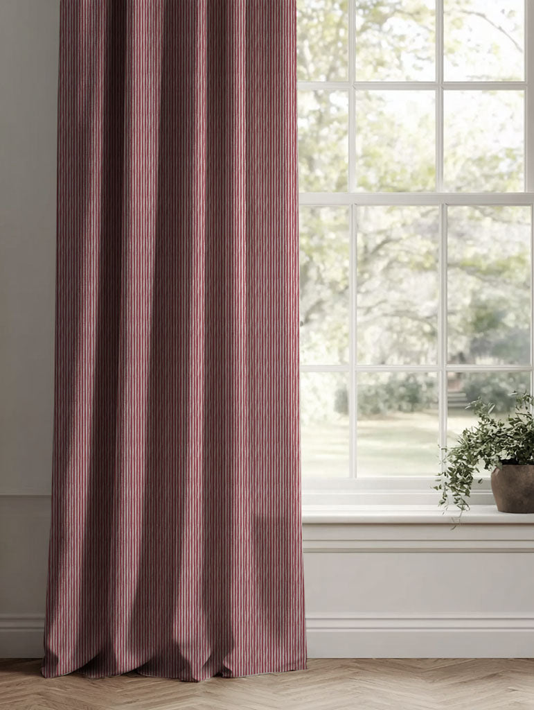 Red Striped Linen Curtains - Laila Wine - Natural base fabric.