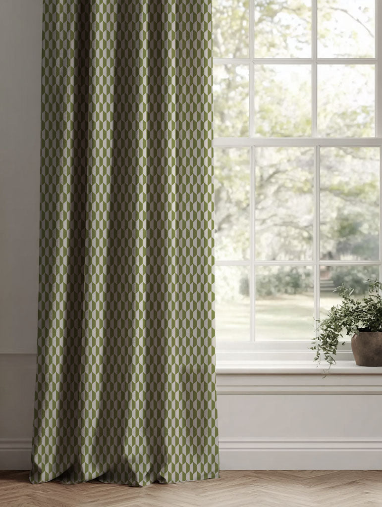 Green Patterned Linen Curtains - Lana Leaf - Natural base fabric.