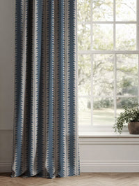 Blue Patterned Linen Curtains - Leona Denim - Natural base fabric.