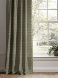 Green Patterned Linen Curtains - Malena Khaki - Natural base fabric.