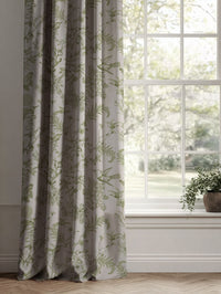 Green Floral Linen Curtains - Marianne-INV Khaki - Natural base fabric.