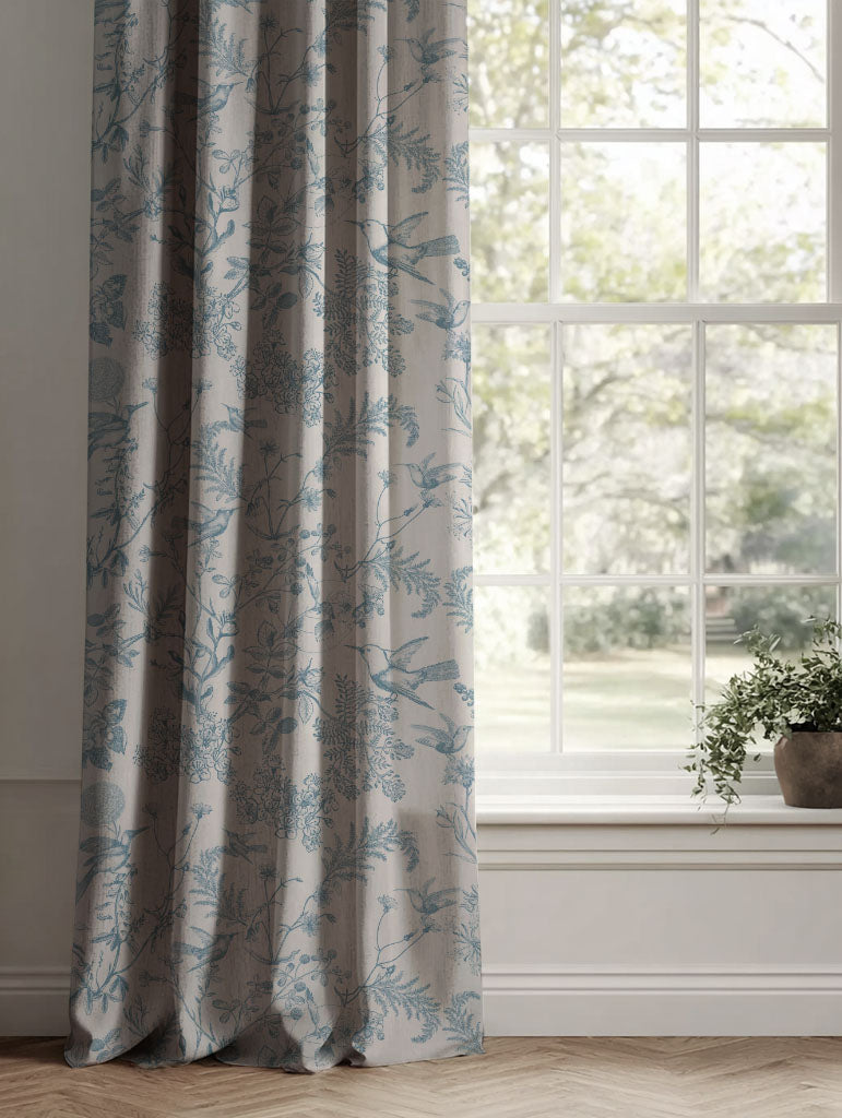 Blue Floral Linen Curtains - Marianne-INV True Blue - Natural base fabric.