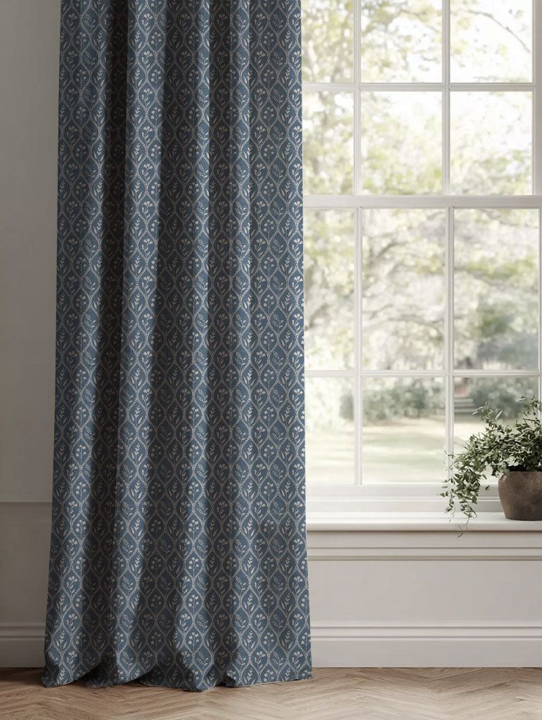 Blue Floral Linen Curtains - Miny Denim - Natural base fabric.