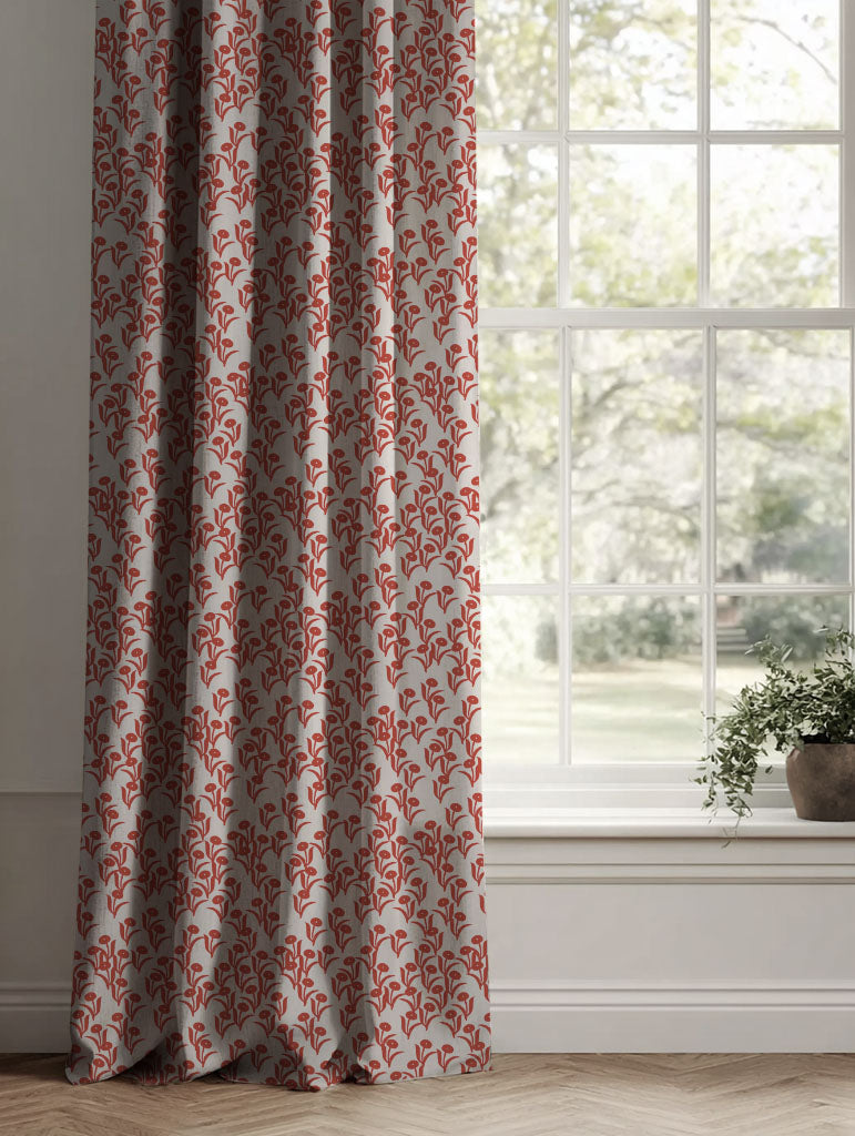 Red Botanical Linen Curtains - Nalini Crimson Red - Natural base fabric.