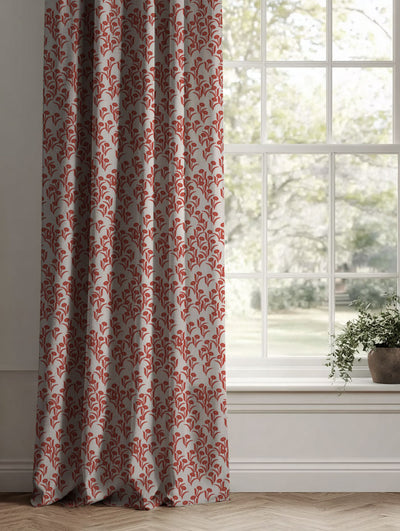 Red Botanical Linen Curtains - Nalini Crimson Red - Natural base fabric.