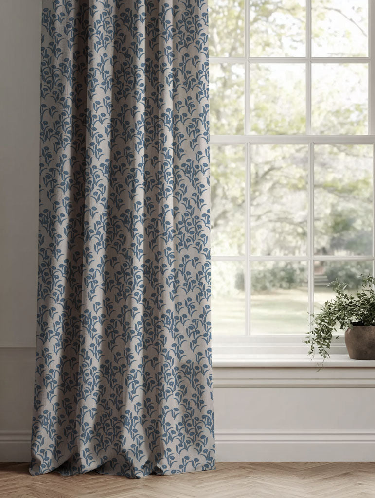 Blue Botanical Linen Curtains - Nalini Denim - Natural base fabric.