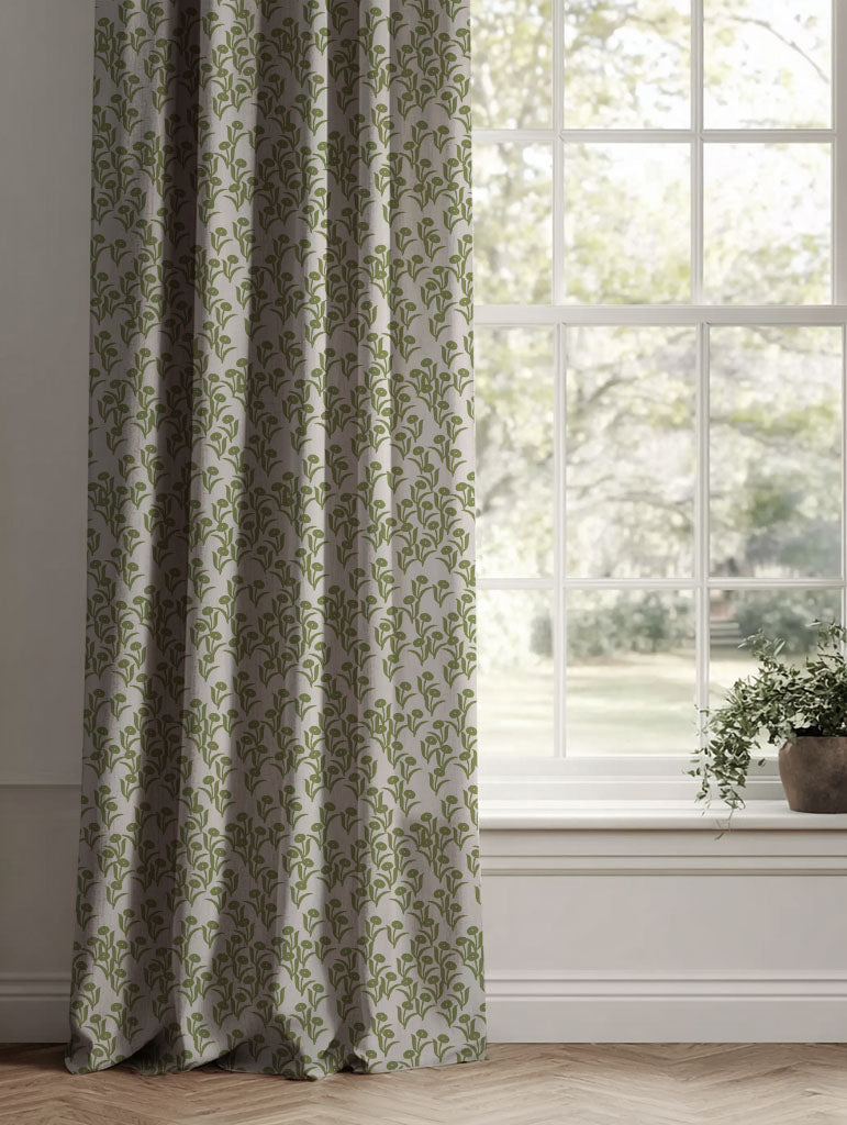 Green Botanical Linen Curtains - Nalini Khaki - Natural base fabric.