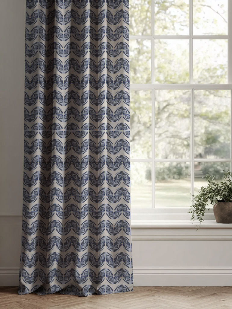 Blue Patterned Linen Curtains - Ofira Deep Blue - Natural base fabric.