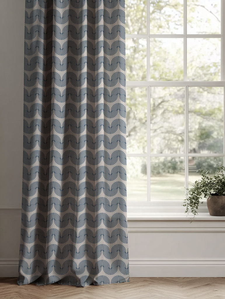 Blue Patterned Linen Curtains - Ofira Denim - Natural base fabric.