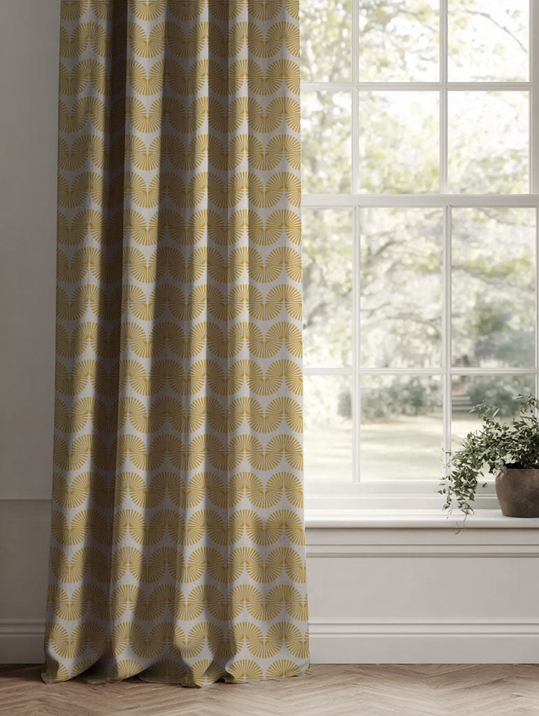 Yellow Patterned Linen Curtains - Ofira Mustard - Natural base fabric.