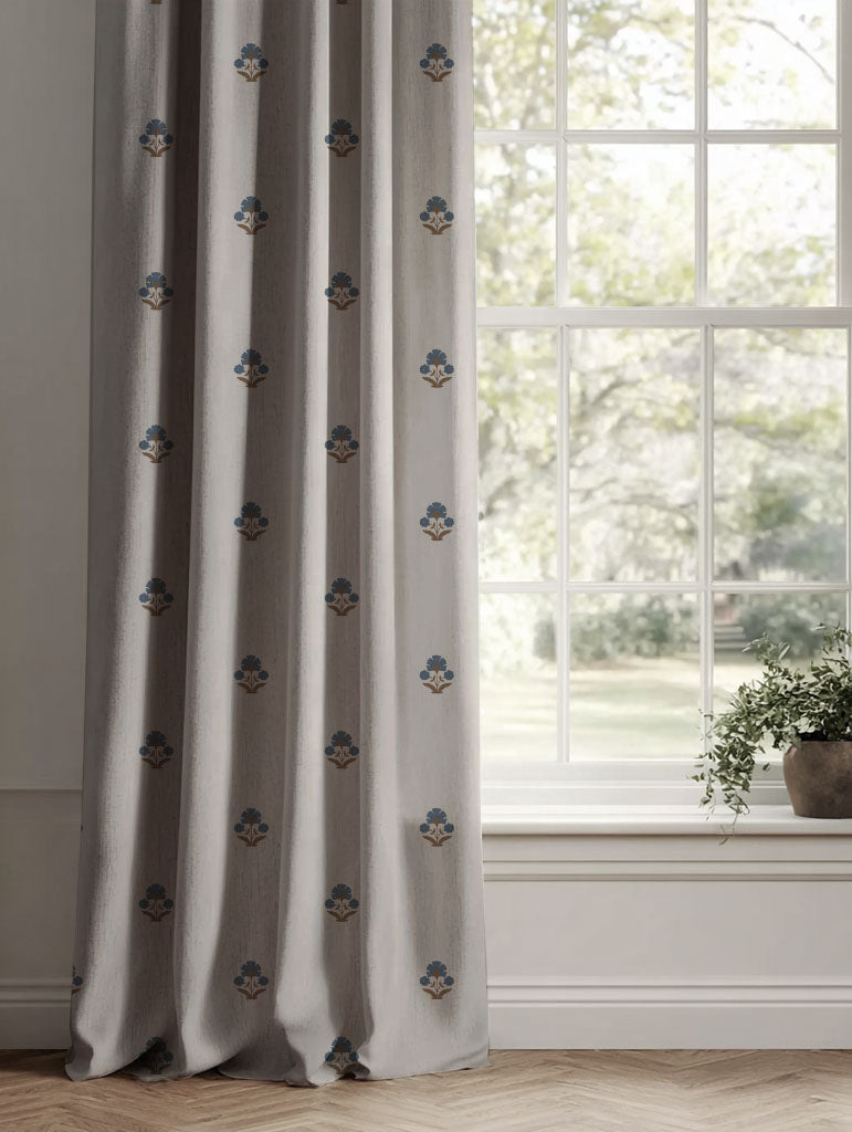 Blue / Brown Floral Linen Curtains - Penelope Blue Sand - Natural base fabric.