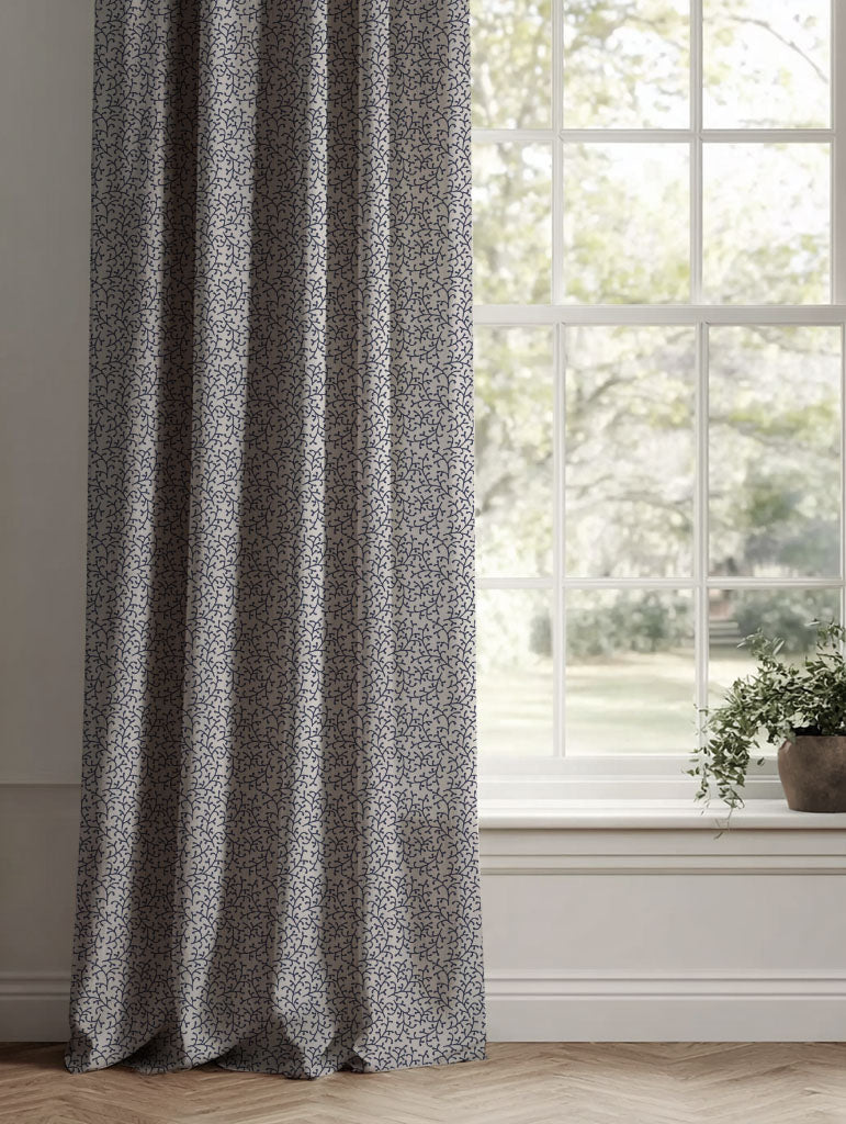 Blue Botanical Linen Curtains - Phila Deep Blue - Natural base fabric.