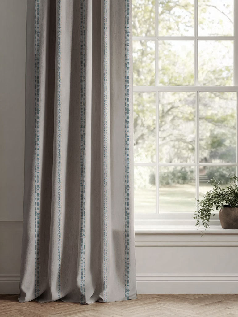 Blue Striped Linen Curtains - Rae True Blue - Natural base fabric.