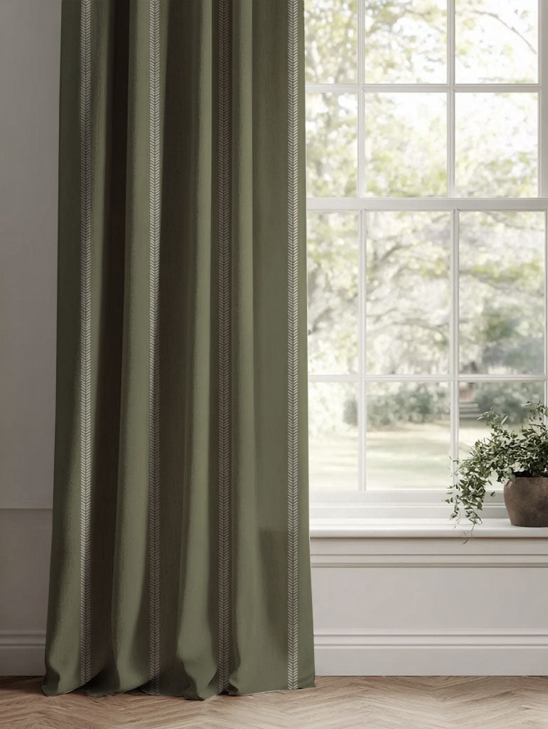 Green Striped Linen Curtains - Rana Moss - Natural base fabric.