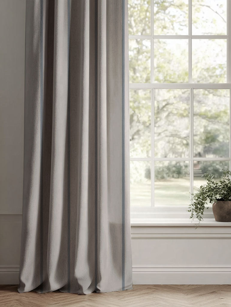 Blue Striped Linen Curtains - Ronja Denim - Natural base fabric.