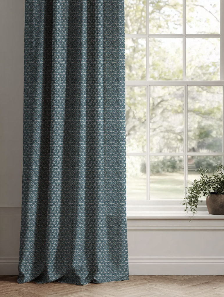 Blue Botanical Linen Curtains - Saana Blue Stone - Natural base fabric.