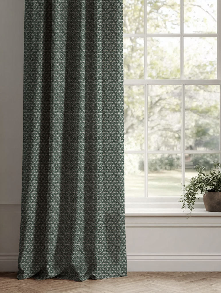 Green Botanical Linen Curtains - Saana Dark Pine - Natural base fabric.
