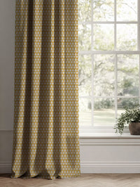 Yellow Patterned Linen Curtains - Siruna Mustard - Natural base fabric.
