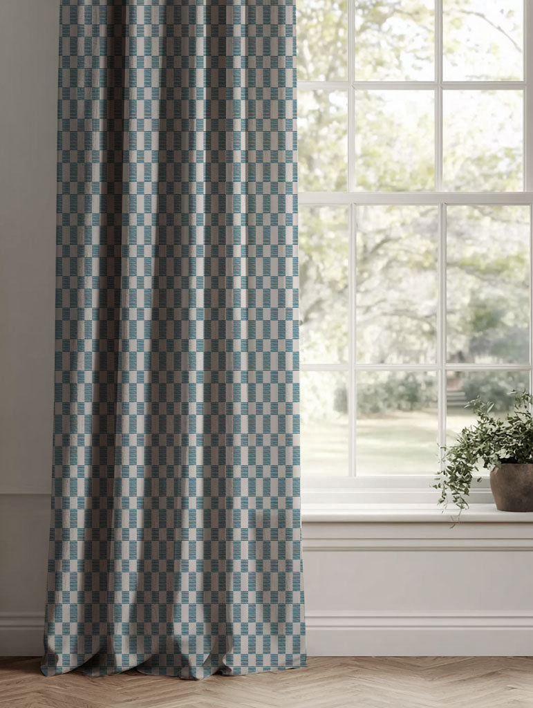 Blue Checked Linen Curtains - Sunni Blue Stone - Natural base fabric.