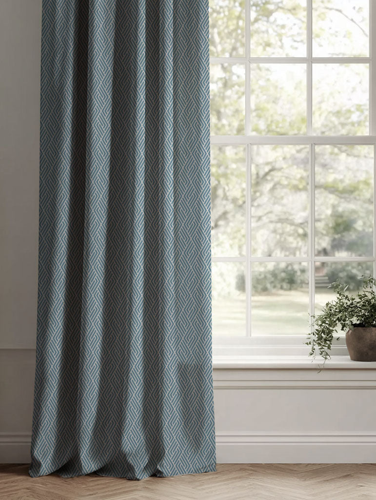 Blue Patterned Linen Curtains - Vera True Blue - Natural base fabric.