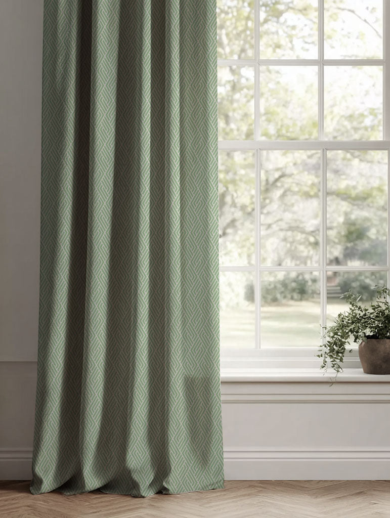 Green Patterned Linen Curtains - Vera Verde - Natural base fabric.