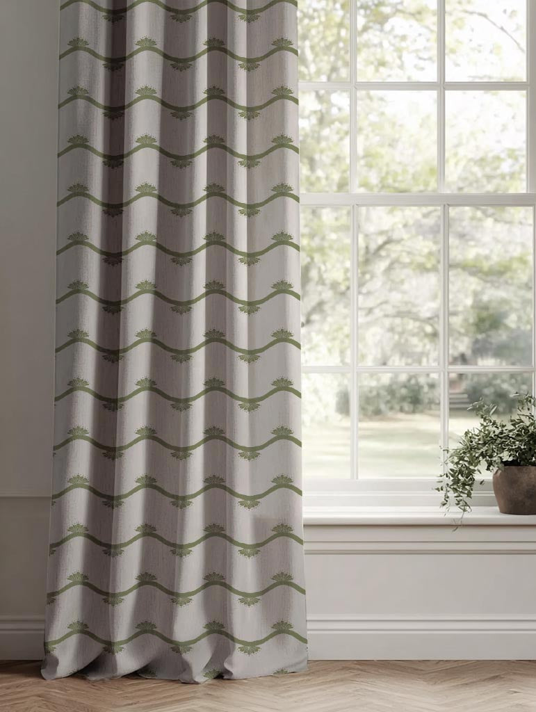 Green Abstract Linen Curtain - Nelani Khaki - Natural base fabric.