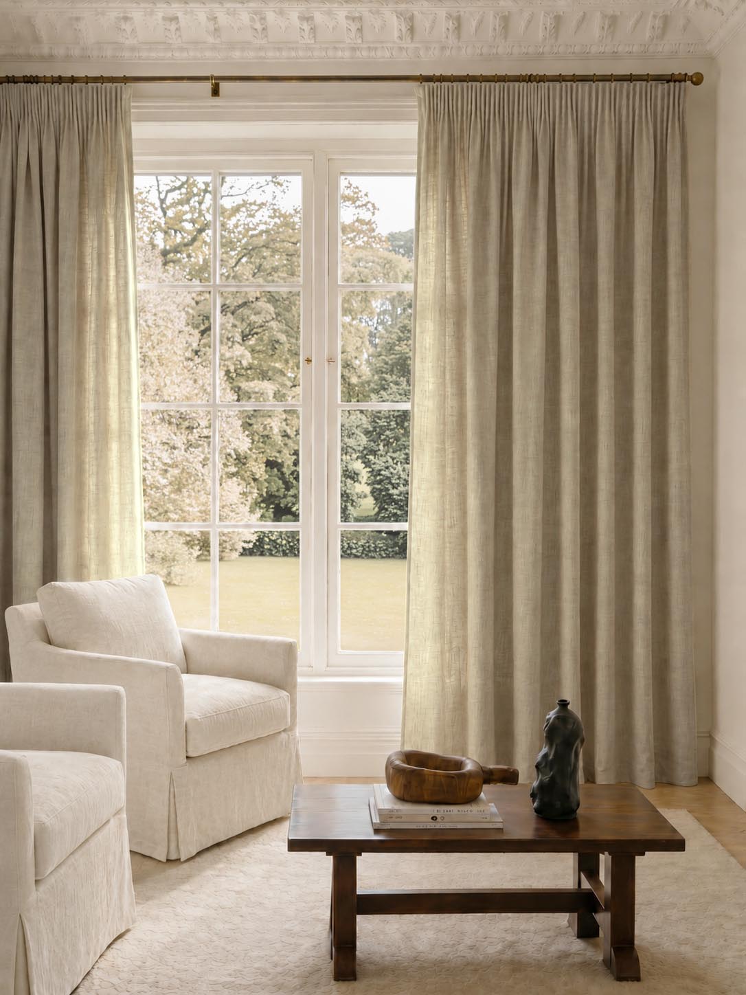 Beige / Brown Pleated made to measure linen curtains. These Pencil pleat are made of 100% Linen fabric - Charlotte Sandshell