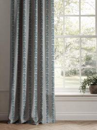Blue Floral Stripe Linen Curtain - Skye Blue Stone - Natural base fabric.