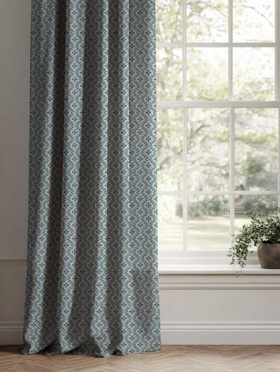 Blue Abstract Linen Curtain - Unica Blue Stone - Natural base fabric.