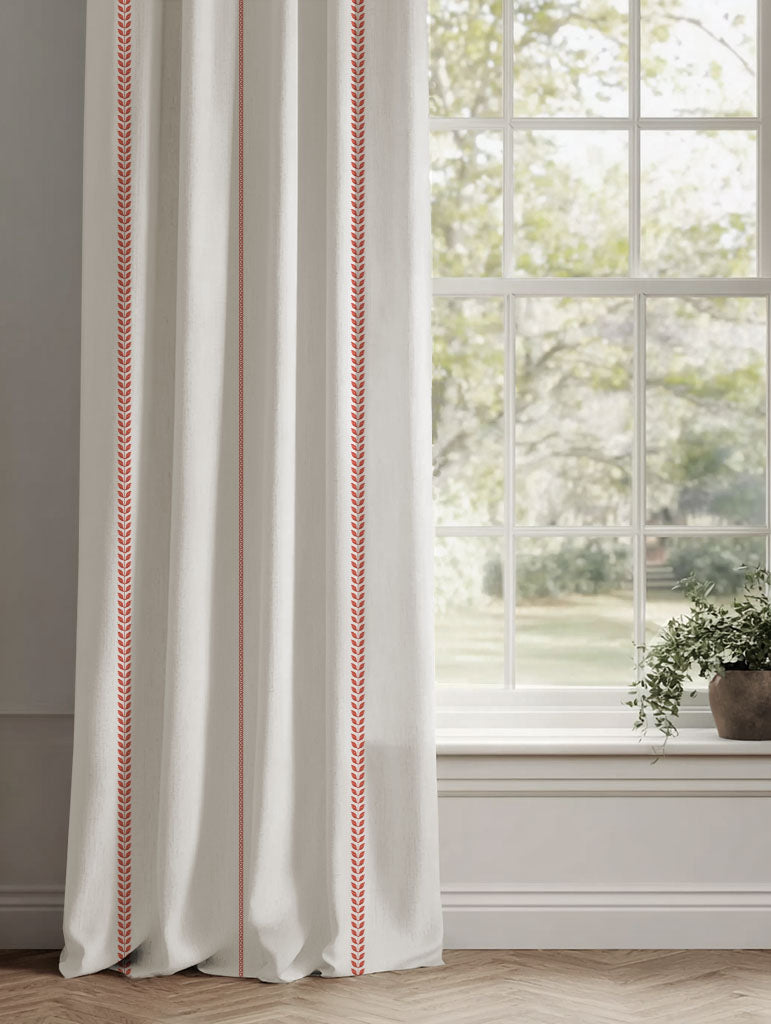 Red Striped Linen Curtains - Berit Crimson Red - White base fabric.