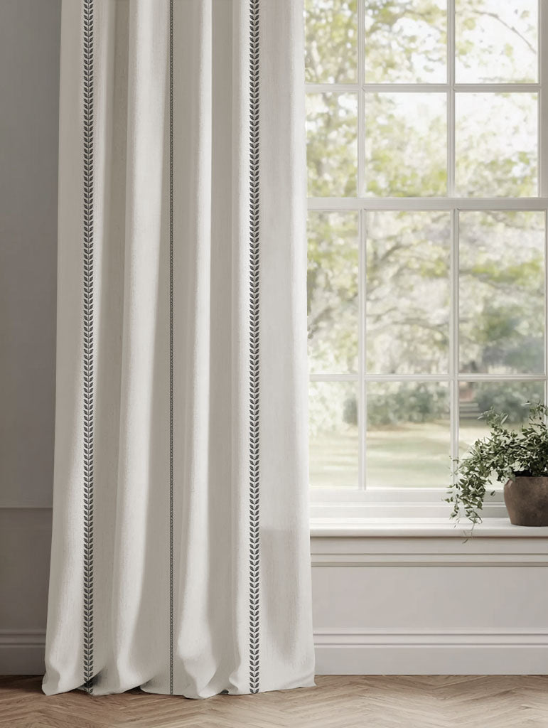 Black Striped Linen Curtains - Berit Noir - White base fabric.