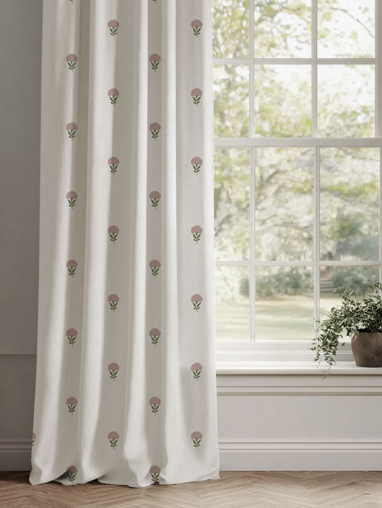 Pink Patterned Linen Curtains - Cheyenne Pink - White base fabric.