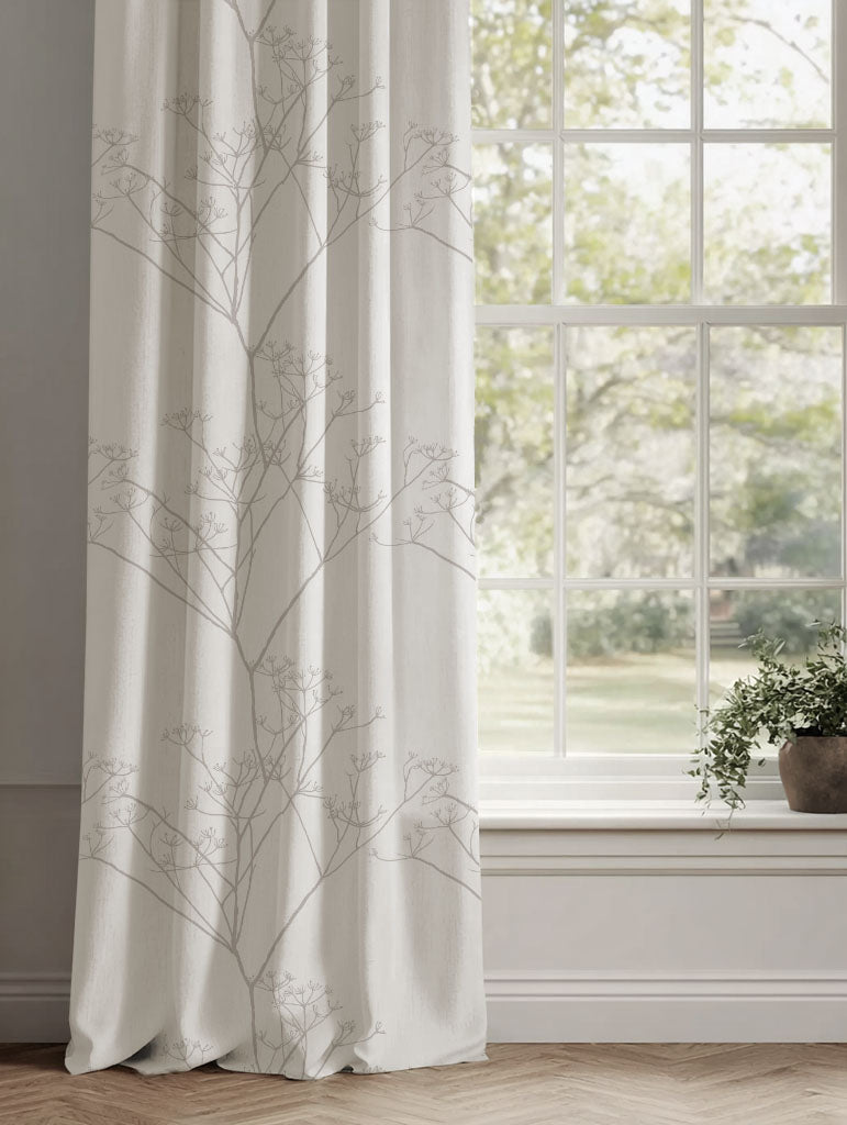 Neutral / Grey Floral Linen Curtains - Cicely Grey Sand - White base fabric.