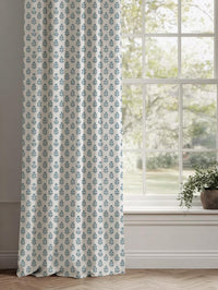 Blue Floral Linen Curtain - Doris Paris Blue-WHT - White base fabric.