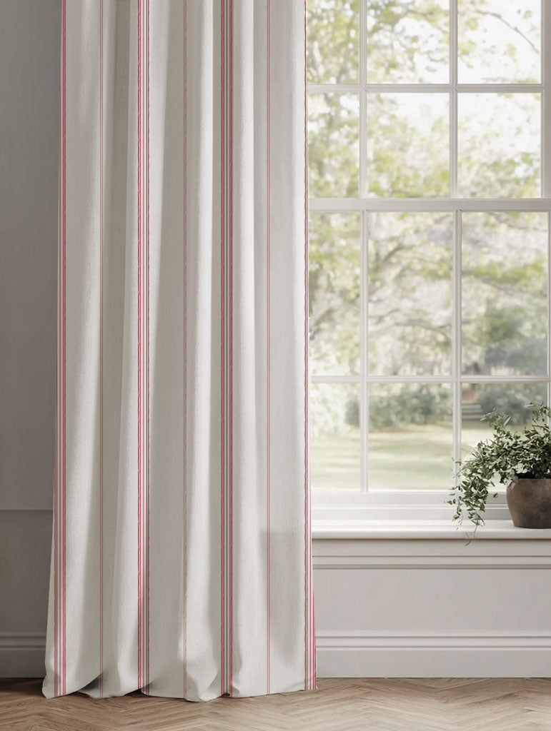 Red / Pink Striped Linen Curtains - Elise Red-WHT - White base fabric.
