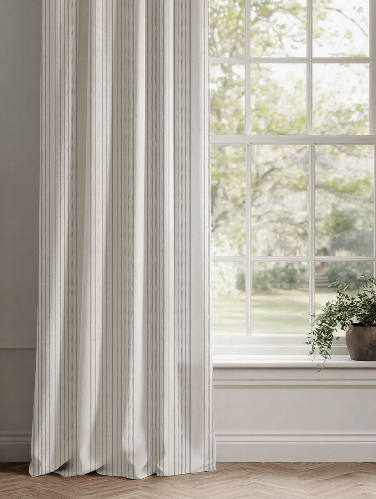 Neutral Striped Linen Curtains - Else Grey Sand-WHT - White base fabric.