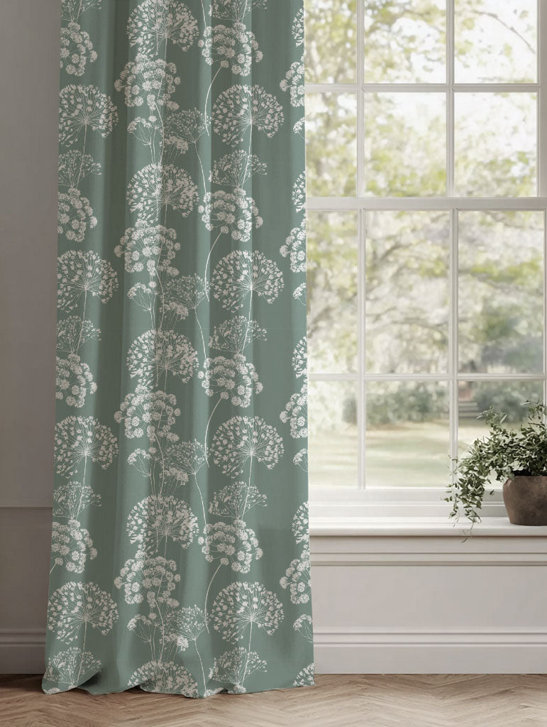 Green Floral Linen Curtains - Erleen INV Sage - White base fabric.