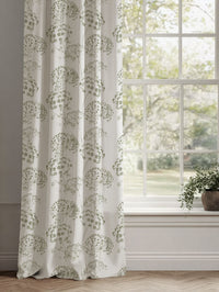 Green Floral Linen Curtains - Erleen Moss - White base fabric.