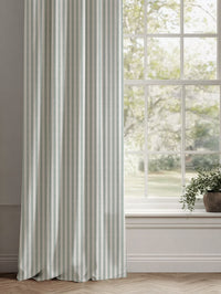 Green Striped Linen Curtains - Evianne Sage-WHT - White base fabric.