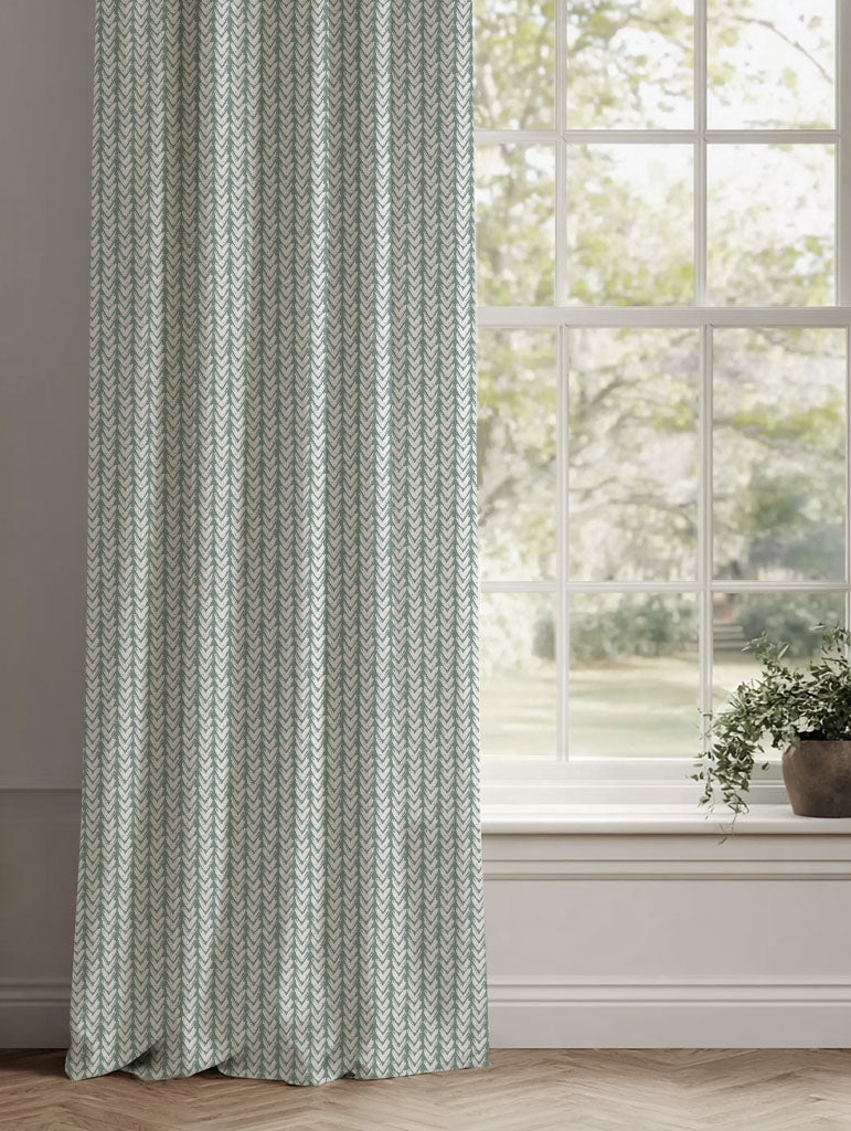 Green Patterned Linen Curtains - Fia Sage - White base fabric.