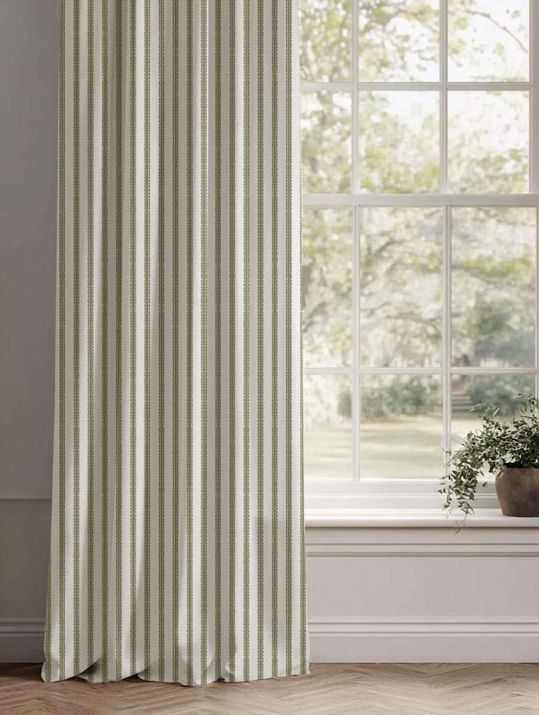 Green Patterned Linen Curtain - Fionna Moss-WHT - White base fabric.