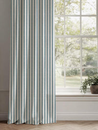 Blue Patterned Linen Curtain - Fionna Paris Blue-WHT - White base fabric.